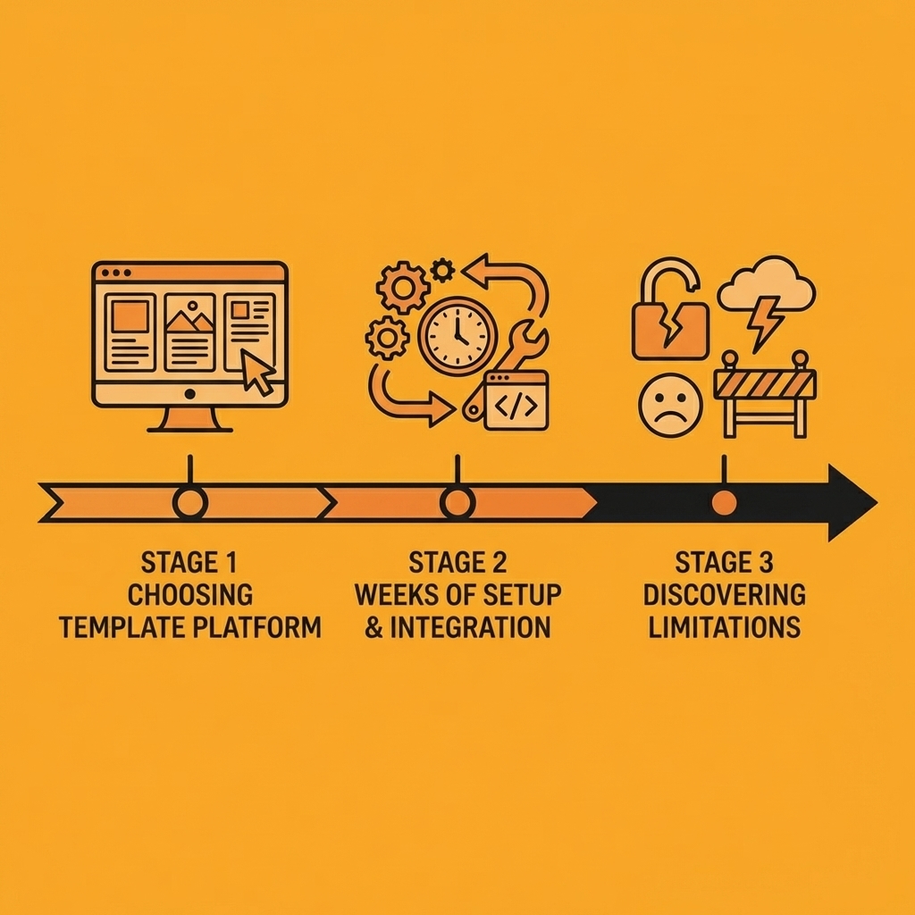 Timeline showing progression from choosing template platform, to weeks of setup and integration, to discovering limitations
